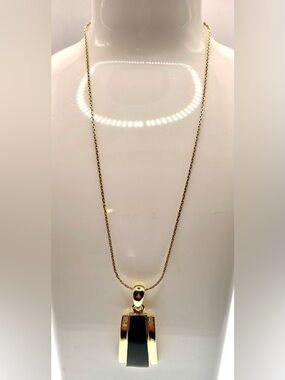 Vintage Lia Sophia Black Enamel Gold Tone Geometric Necklace Art Deco Modernist